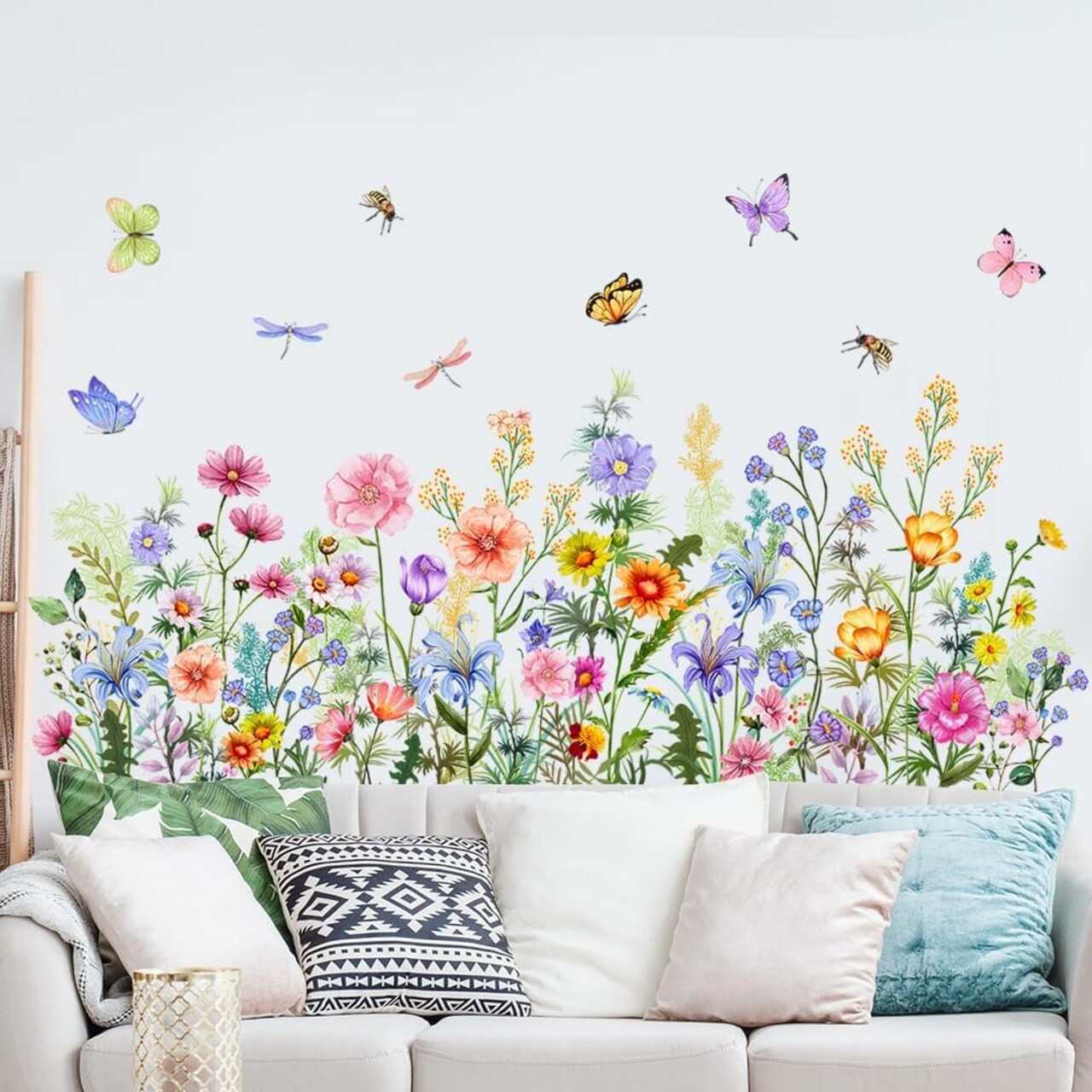 Colorful Floral Wall Decals Wildflowers Flower Wall Stickers Butterfly Green Plant (Flower)